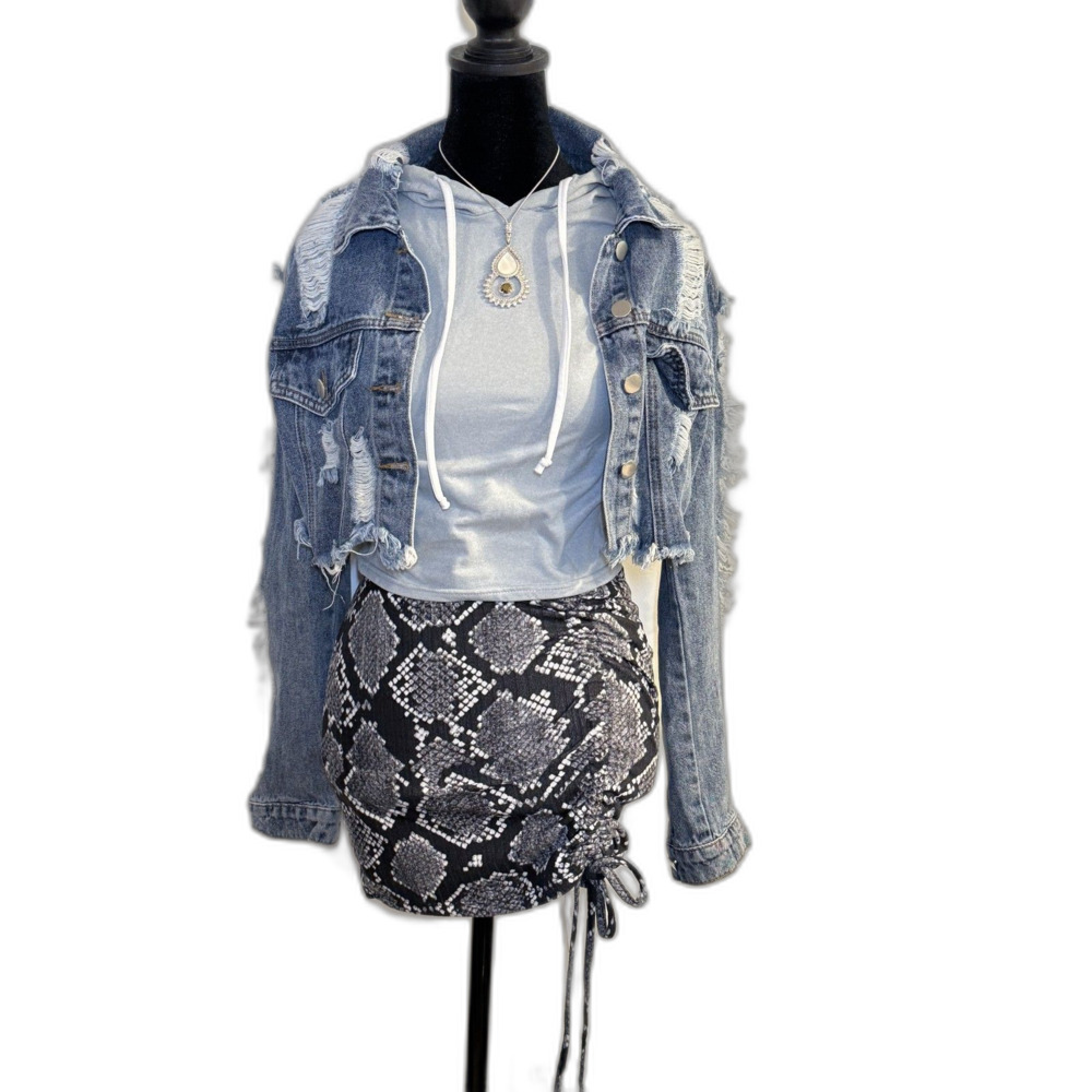 SHEIN Distressed Cropped Denim Jacket — Raw Frayed Hem